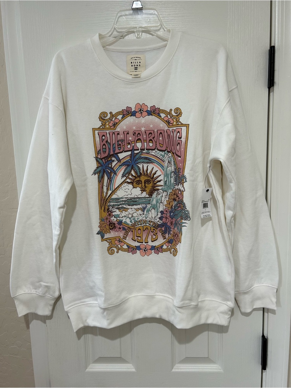 Billabong Women’s White Crewneck Oversized Sweatshirt with Pastel Sunset Graphic